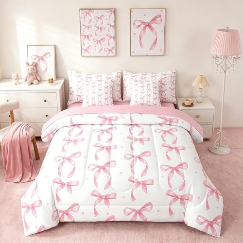 Erosebridal Girls Pink Bow Full Comforter Set with Sheets Kawaii Bowknot Bedding Set for Kids Room Decor Cute Pink Bows Bed Set 7 Piece Ribbon Bow Tie Bed in a Bag with Fitted+Flat Sheet Pillowcases
