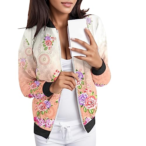 Genérico bomber mulher chique casaco mulher chique elegante primavera outono bomber casaco outwear fecho flor estampado leve camisola manga comprida Trench Coats moda casual desporto outwear, Laranja,