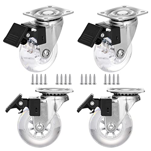 50 mm Caster Wheels Set of 4, Heavy Duty Casters with Brake, Crystal Clear Swivel Plate Castors, No Noise Locking Casters with Transparent Polyurethane (PU) Wheels