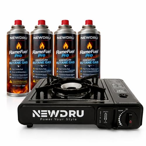 Image of NEWDRU Portable Butane Gas Stove with 4 Butane Gas Cans Combo | FlameGuard Pro Camping Stove with Adjustable Flame & Safety Lock | MSF-1a Refill Gas Cartridge | Outdoor Cooking, Camping & Travel