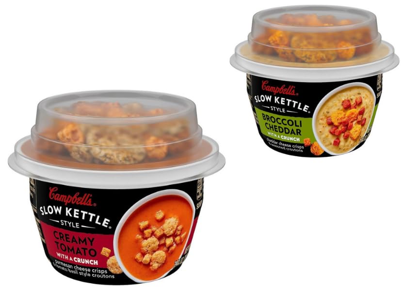 Slow Kettle Style Soup With A Crunch, taza apta para microondas de 7 onzas + código QR King Combo (brócoli cheddar y tomate cremoso (3 cada uno))