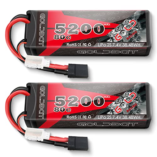 GOLDBAT 2S LiPo Battery 5200mAh 7.4V 80C LiPo RC Battery Hard Case with Tracxas Plug for RC Truck RC Truggy RC Heli Airplane Drone FPV Racing (5200 2S 80C-2PACK)