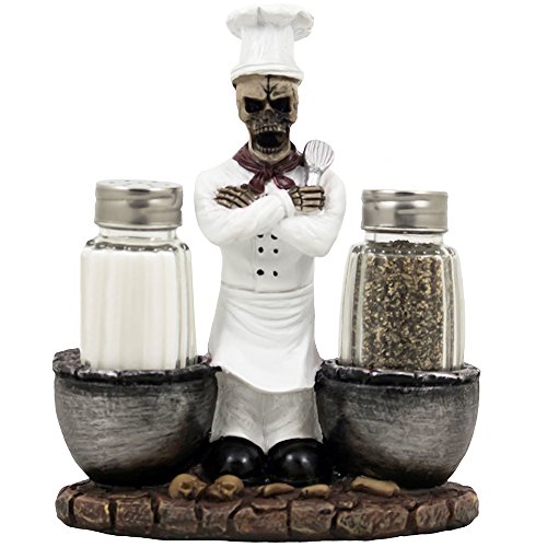 Spooky Skeleton Chef Glass Salt and Pepper Shaker Set with Cauldrons & Skulls Decorative Display Holder Figurine for Halloween Decorations As Kitchen Table Decor or Scary Gothic Gifts