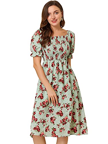 Image of Allegra K Women's Cottagecore Floral Dress Puff Sleeves Smocked Midi Dresses