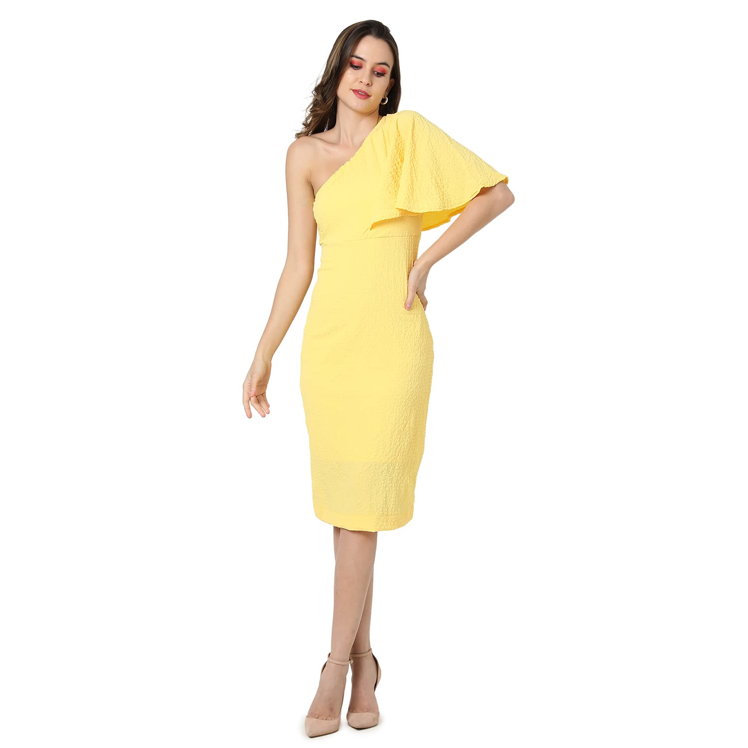 Campus Sutra Women Solid Design Stylish One Shoulder Casual Dresses(Ssmr22_Cswssdr5085_S) Yellow