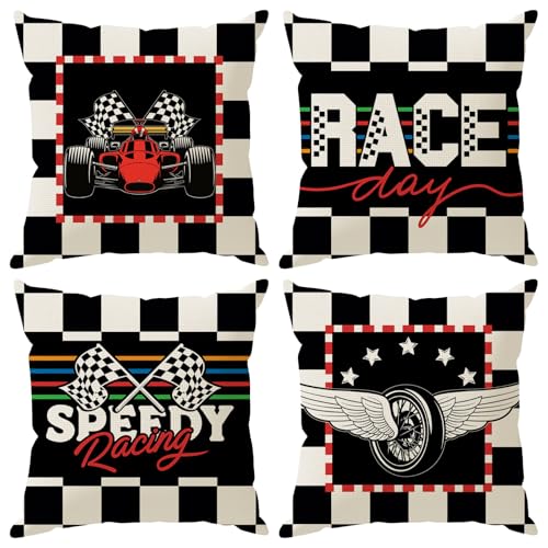 ZAEW Race Car Black White Checkered Pillow Covers Throw Pillow Cases Set of 4 Decorations for Home Sofa Cushion Cover Party Holiday Decor 18x18 Inch