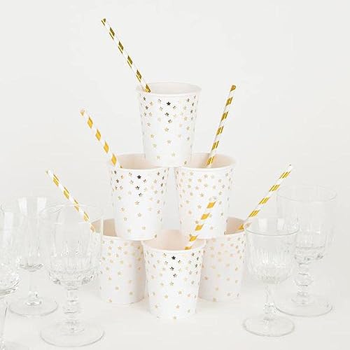 Miniatura 5 de Pajitas de papel doradas y blancas, pajitas de papel de aluminio a rayas doradas, desechables, para decoración de cumpleaños, bodas, fiestas
