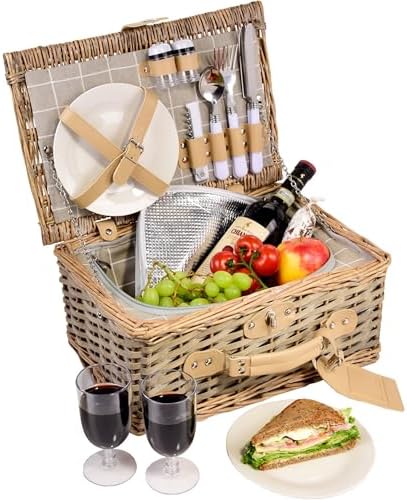 Sänger Picknickkorb Amrum, 13-teiliges Komplettset für 2 Personen | mit Besteck, Teller, Gläser, Salz- & Pfefferstreuer