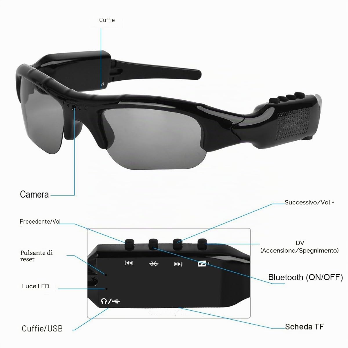 Occhiali da sole Bluetooth 5 m con scheda micro SD espandibile fino a 32 GB con MP3 + Bluetooth + fotocamera + funzioni video