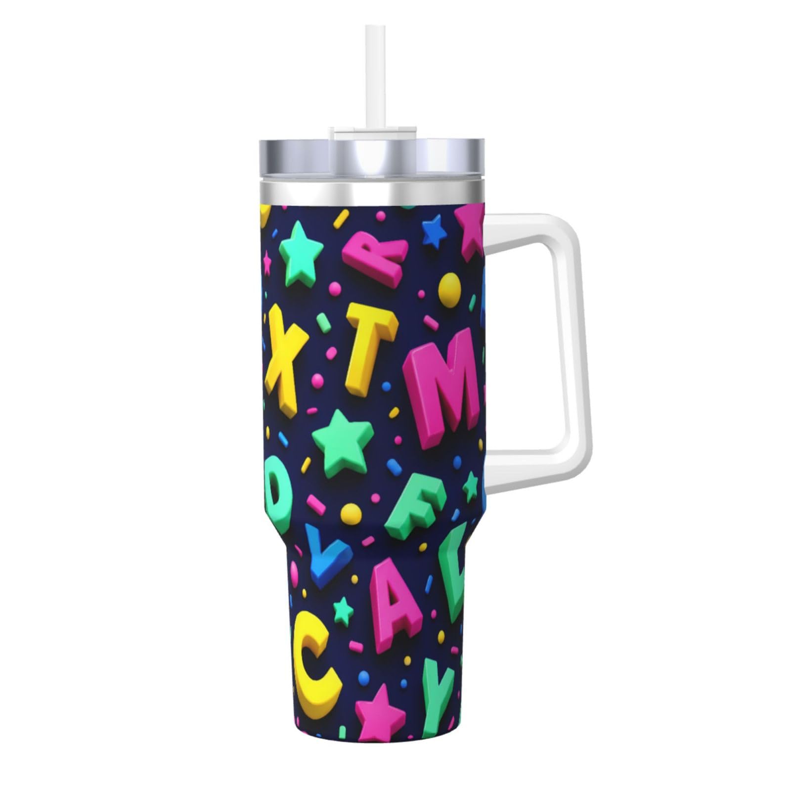 Vaso aislado de 40 oz con asa, taza de viaje y botella de agua reutilizable Alphabet Confetti