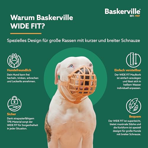 Baskerville Wide Fit Maulkorb für große Hunde mit breiter Schnauze, Boxer, Rottweiler, er können atmen, hecheln und trinken, verhindert Beißen, Trainingsmaulkorb für mittlere & große Hunde(Größe 2)