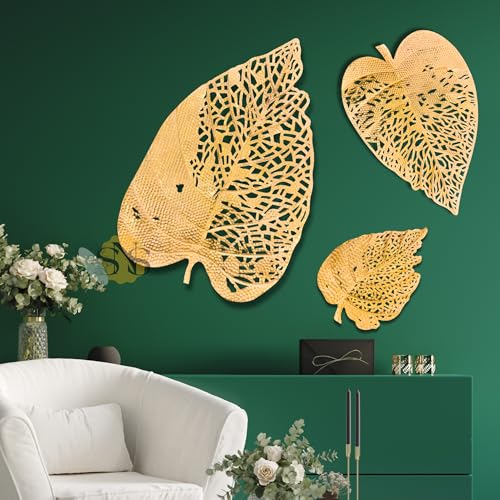 Image of SNS DECOR Luxury Metal Abstract Figures Leaf Wallart Set of 3 Handcrafted Wall Sculpture Wall Art Multicolor For Home Decoration (Shiny Golden)