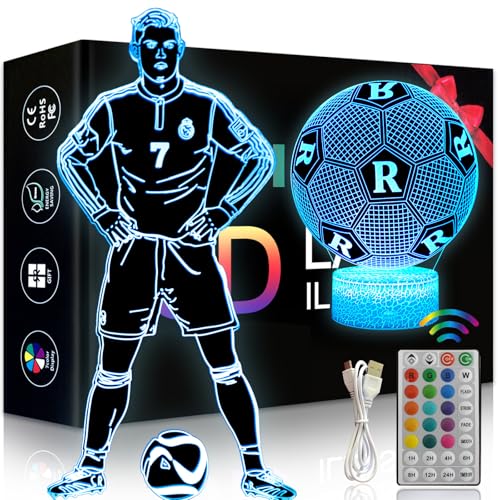 Eygerur 2 Piezas Ronaldo Fútbol Luz Nocturna Infantil, Fútbol Regalos, 3D LED Ilusión Ronaldo Fútbol Luz de Noche Con Control Remoto 16 Colores Cambio, Idea Regalos Para Navidad Niño Niña Decoración