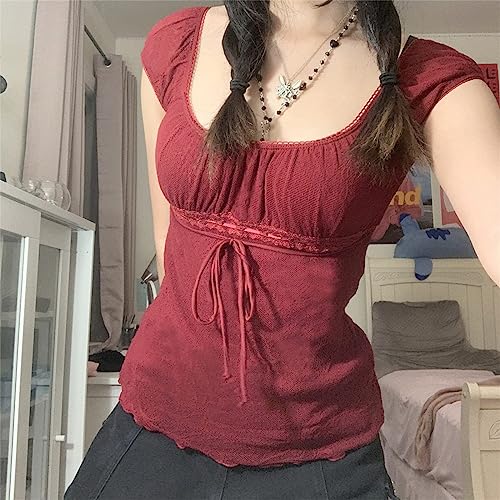 Women Lace Patchwork Crop Top Y2k Fairycore Aesthetic Tank Top Vintage Long Sleeve Fairy Grunge Shirt Streetwear2