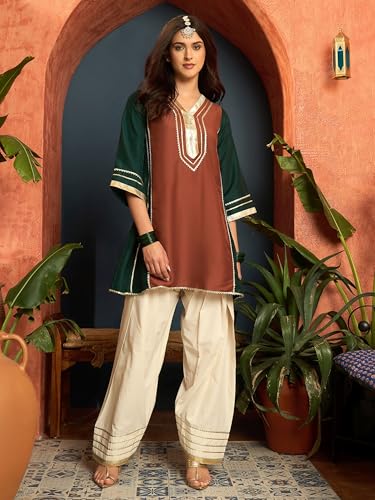 Image of EthnicJunction Women's Cotton Silk gota Patti Work High-Low Kurti with farshi Salwar | Co Ord Set for Women Stylish | Festival wear | Kareena Kappor Kurta Set | Wedding | Ethnic Kurta Set