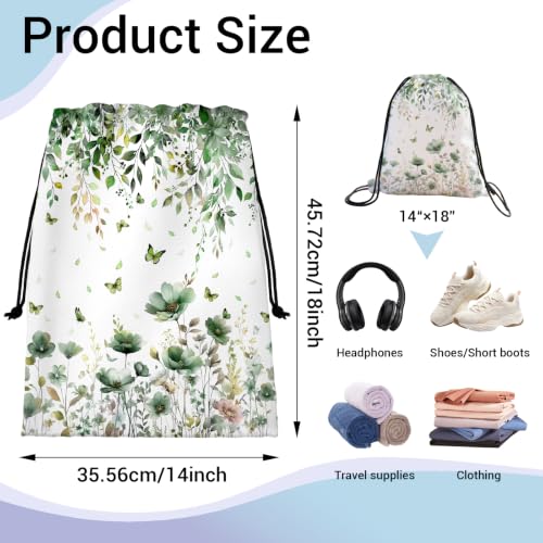 Image of Green Floral Drawstring Bag Butterfly Print Gym Pouch Bags for Storage Cloth Shoes