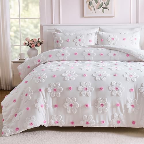 Image of Twin Size Comforter Set for Girls Pink Tufted Daisies Flowers Bedding Sets