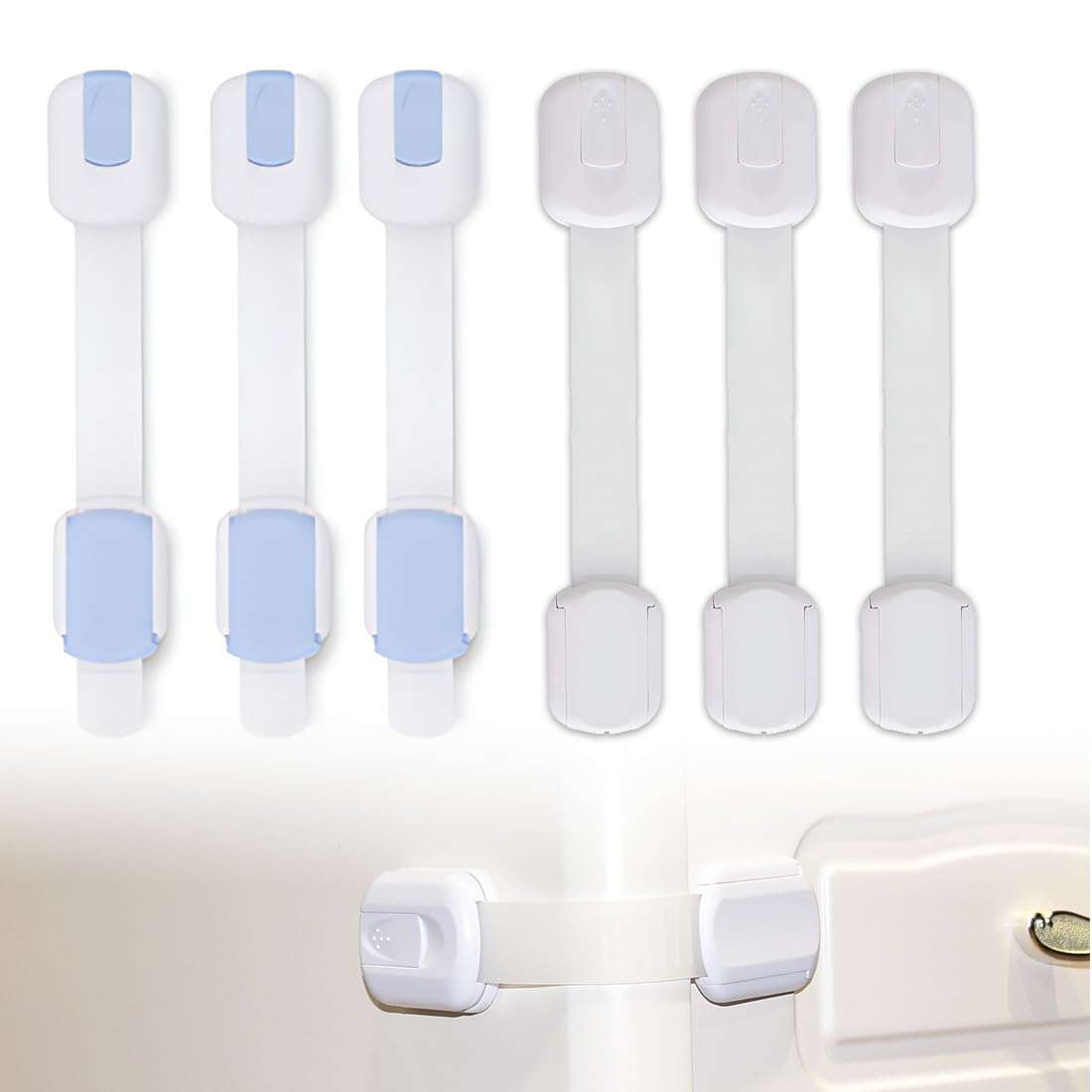 Bébé Sécurité Verrouillage 6 Pièces No Punch Adhésif Fort Bloc Tiroir pour Placards Frigos Tiroirs Toilettes (Blanc, Bleu clair)