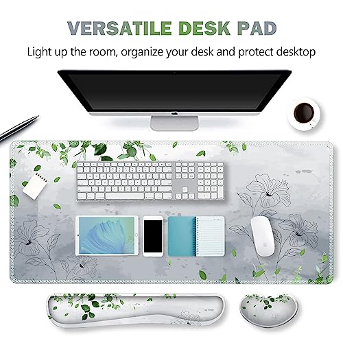 Image of ARTSO Gaming Mouse Pad Wrist Support Set, XXL Large Desk Mat Mousepad + Keyboard Wrist Support+ Mouse Wrist Rest+Coaster 4in1 Ergonomic, Memory Foam -Green Leaves and Line Flower