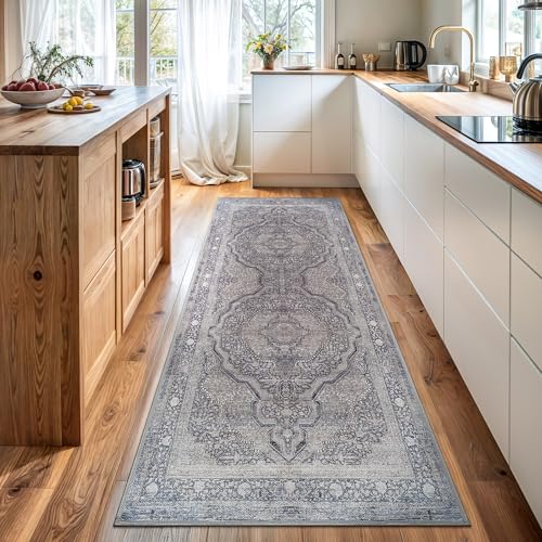 Image of Bloom Rugs Washable Non-Slip 7 ft Runner - Blue/Steel Gray/Beige Traditional Medallion Runner for Entryway, Hallway, Bathroom, and Kitchen - Exact Size: 2.5' x 7'