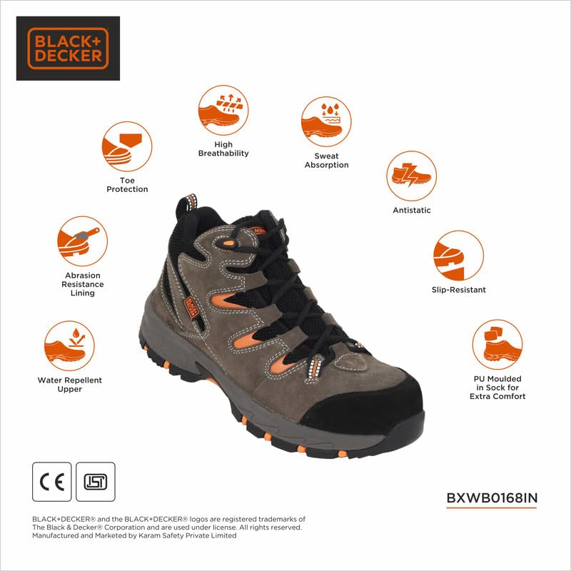 Image of BLACK+DECKER High Ankle Grey Suede Leather Safety Shoes for Men | Double Density | Fiber Toe | Antistatic & Antislip | BXWB0168IN | Size-07