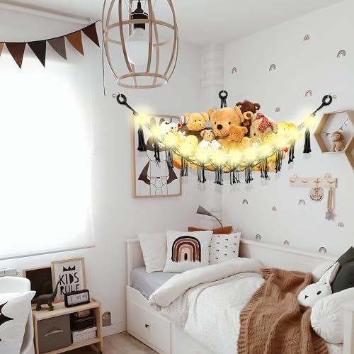 Image of CERETIA Stuffed Animal Hammock with LED Light, Large Stuffed Animals Storage Corner Plushie Net for Kids Room Decor, 2 Packs Black