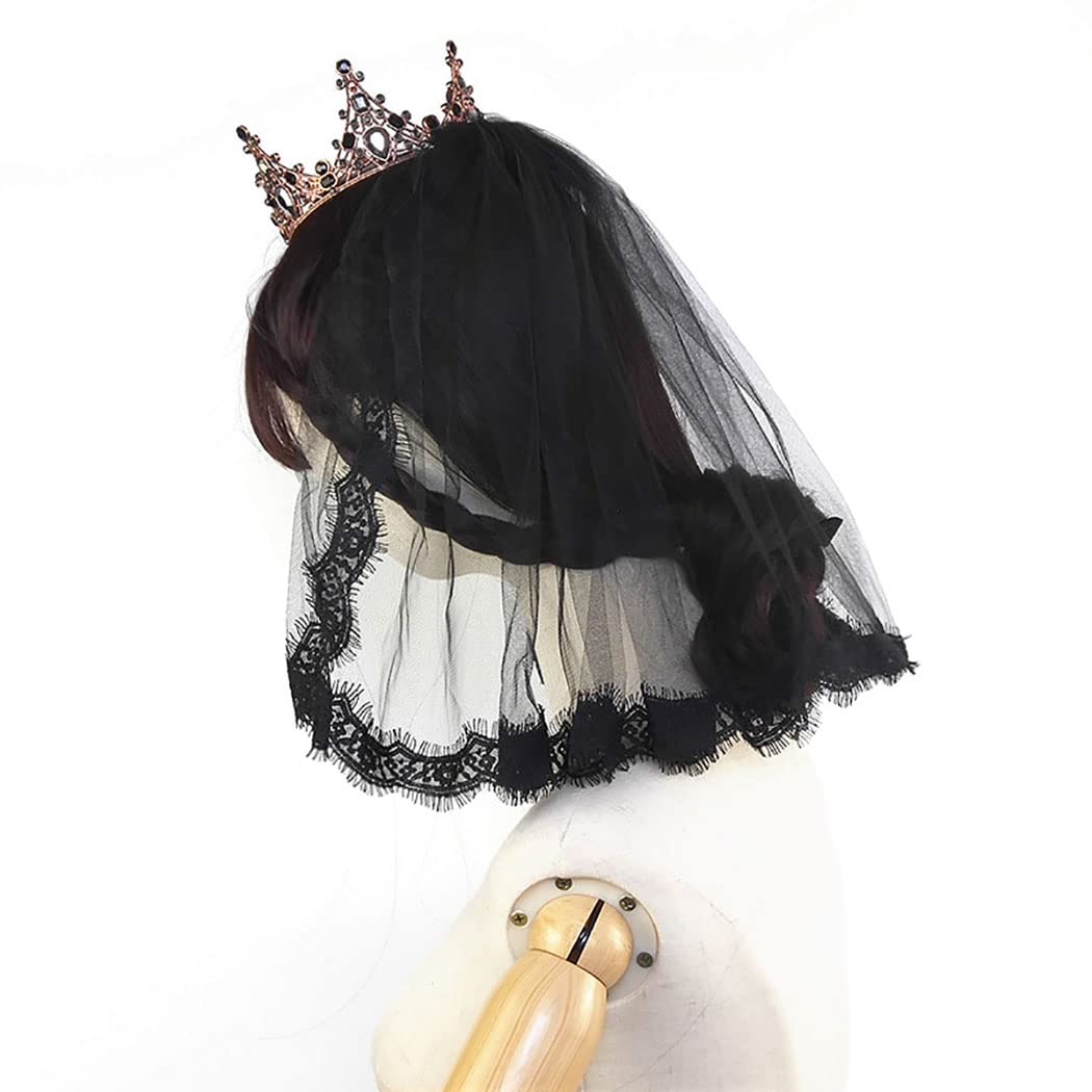 Ursumy Black Flower Veil Short Bride Wedding Lace Veil 2T Soft Tulle Bridal Veils with Comb - Image 2
