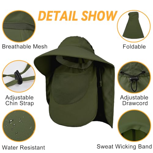 Image of Sun Hats for Men Women Detachable Face Cover Wide Brim Fishing Hats with Neck Flap UPF 50+ Outdoor Safari Hats