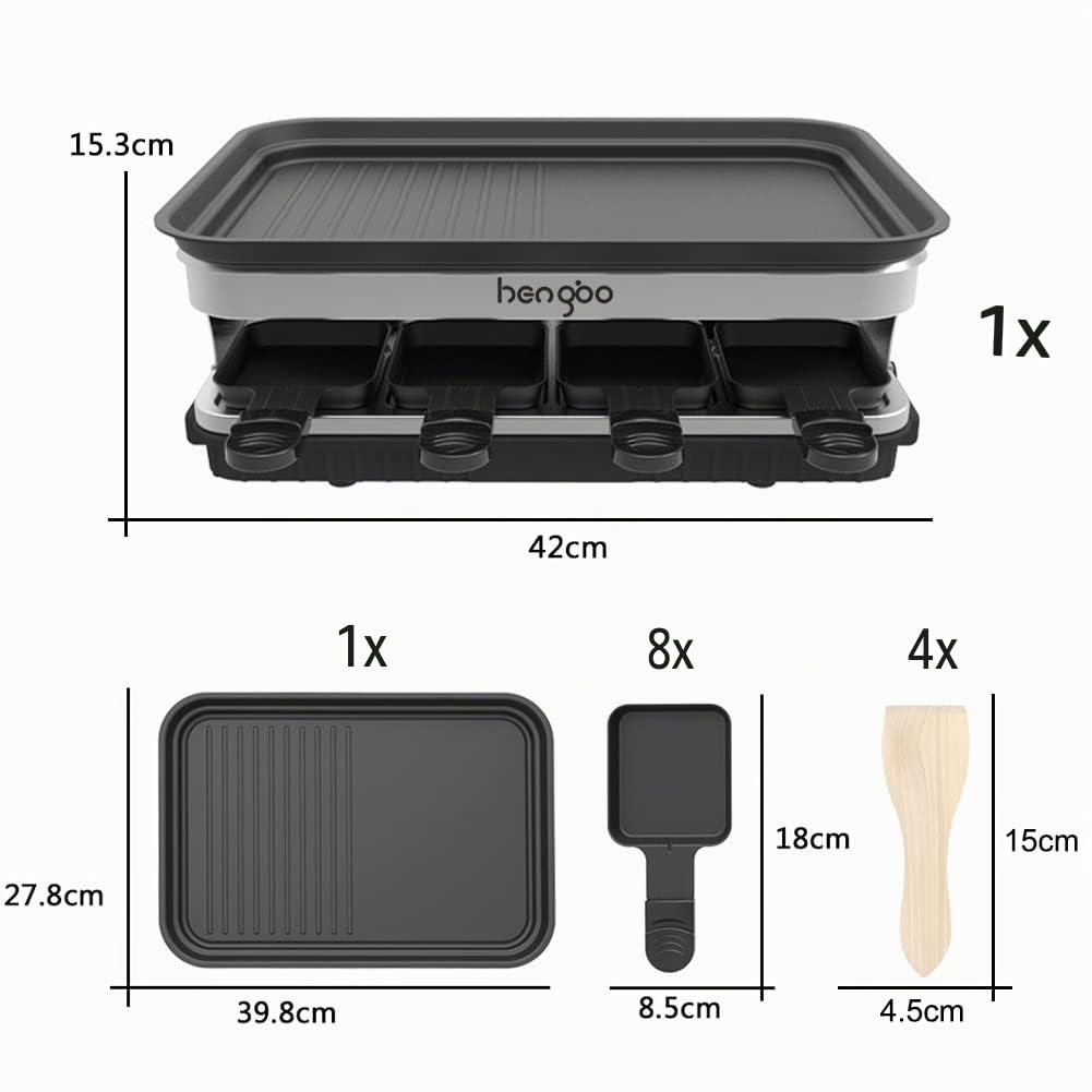 Raclette 8 Personen Grillplatte Antihaftbeschichtet Raclette Grill 4 6 Personen mit 8 Mini Raclette Pfännchen & 4 Holzspatel Stufenlos Regulierbare Temperatur 1500W Edelstahl
