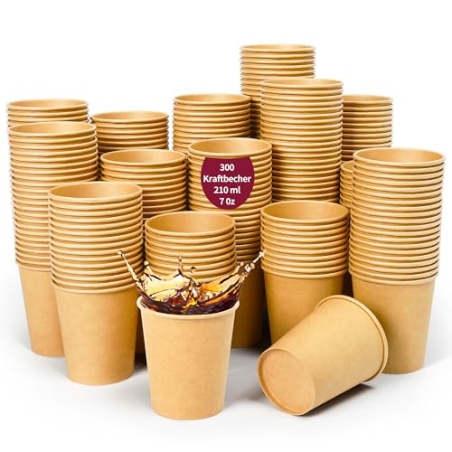 SOMLAW 300 Stück Kaffeebecher Pappbecher 210 ml / 7 oz Einweg Coffee Becher Trinkbecher für Tee Trinkbecher Pappe für Heiß- und Kaltgetränke Pappbecher Braun