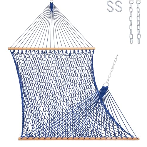 Lazy Daze Hammocks 12 FT Double Rope Hammocks, 2 Person Hand Woven Cotton Hammock with Spreader Bar for Outdoor, Indoor, Patio, Poolside, FIT 13-15 Foot Stand, Max 450 Lbs, Blue, 141 x 57 in