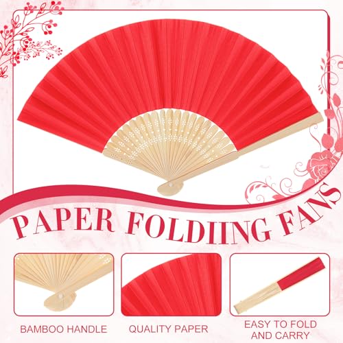 Yinkin 4 Pack Folding Fans Bamboo Handheld Folded Craft Japanese Chinese Line Dancing Fans for Weddings Bridal DIY Decoration Women Gift Party Favors(Red) — view 5