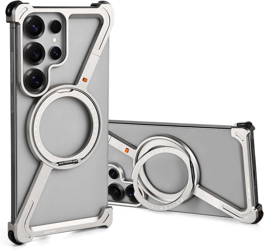 Image of Z Shaped Metal Frameless 360 Rotatable Ring Metal Bumper Case with Kickstand for Samsung Galaxy S25 Ultra Case Compatible with Wireless Charging | Luxury Aluminum Armor (Silver)