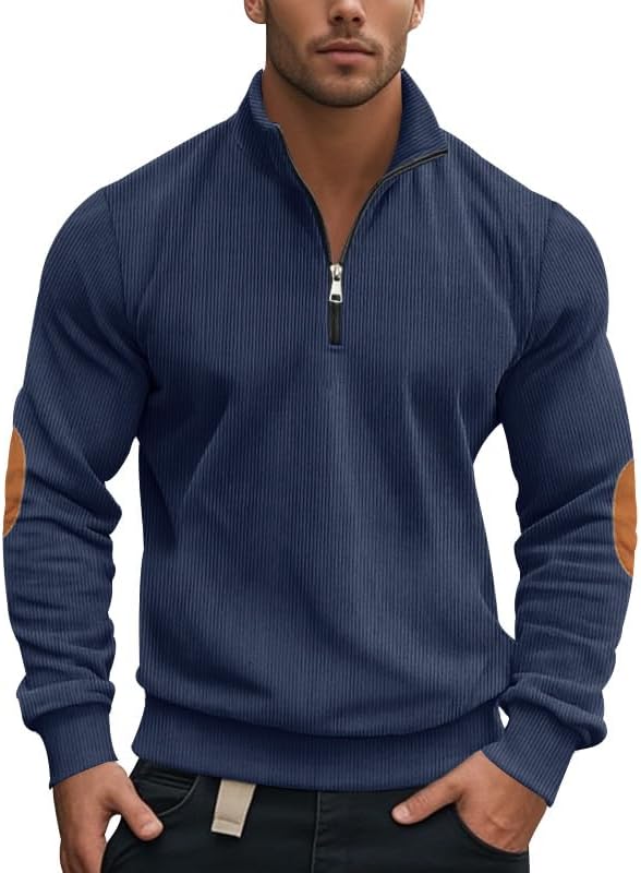 Mens Corduroy Sweatshirt Casual Half Zip Pullover Long Sleeve Shirt Fashion Solid Color Loose Stand Collar Clothing