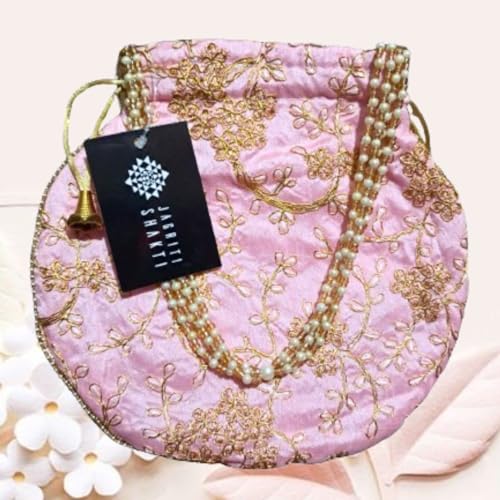 Jagriti Shakthi Ethnic Handbags for Women | Carry pouches Embroidered bags| Multicolor Handbag for Women Wedding Party -Color light pink/Baby pink(Pack of 1) - Image 3