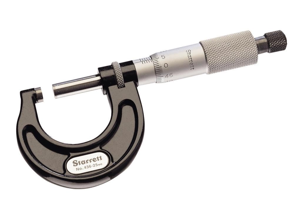 Starrett 436.1MXRL-25 Außenmikrometer, Ratschenanschlag, Kontermutter, Hartmetallflächen, Bereich 0-25 mm, 0,01 mm Teilung, +/- 0,002 mm Genauigkeit