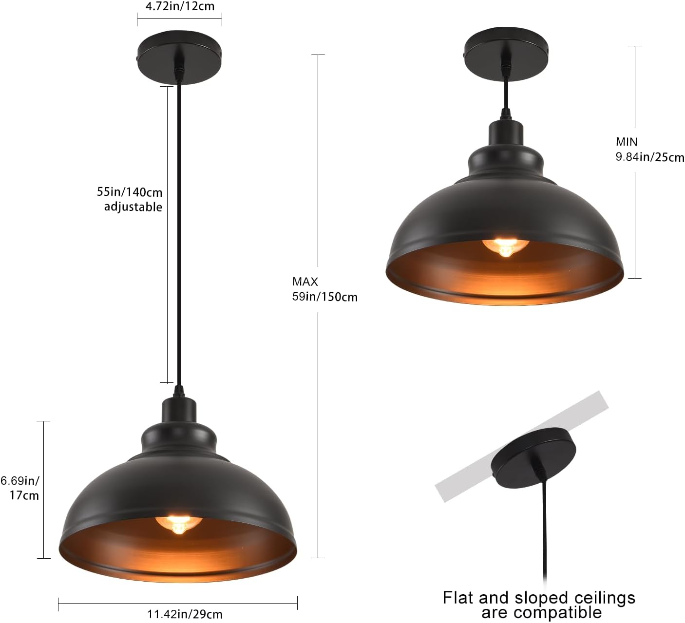 Pendant Lighting Vintage Industrial Fixtures, Farmhouse Pendant Lamp, Hanging Light Fixtures with Metal Shade (Black Inside), Industrial Black Pendant Lights for Hallway Kitchen Island Dining Room