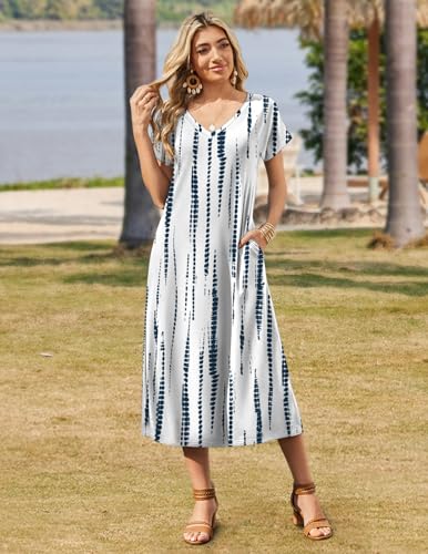 Image of Zeagoo Women Summer Floral Dress Short Sleeve Beach Dress with Pockets Casual V-Neck Split Long T-Shirt Dress Travel Vacation