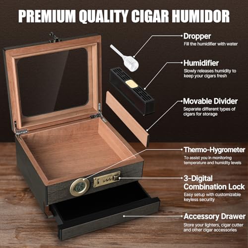 Image of Tesonway Cigar Humidor,Cedar Wood Humidor Cigar Box,Glass Top Desktop Humidor with Digital Thermo-Hygrometer, Humidifier, Divider, Accessories Drawer and Combination Lock,Cigar Gift for Men
