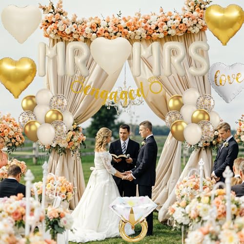 Image of Sand White Engagement Party Decorations, MR and MRS Balloons Decor, White
