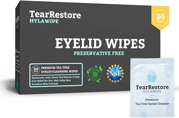 TearRestore Tea Tree HylaWipe Eyelid Wipes - 30 Count | Hydrating Eye Lid Cleanser | Blepharitis Treatment for Eyelids | Eye Lid Cleansing Wipes | Eyes Wipe for Dry, Red, Itchy, And Irritated Eyes