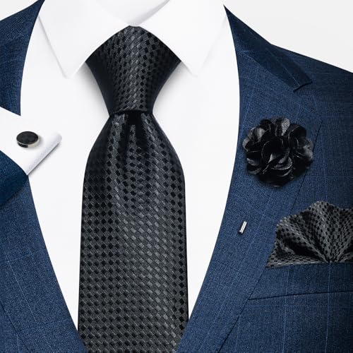 Image of Solid Color Ties Set Men Handkerchief Cufflinks Brooch 3.15 inches Classic Formal Necktie Pocket Square Set