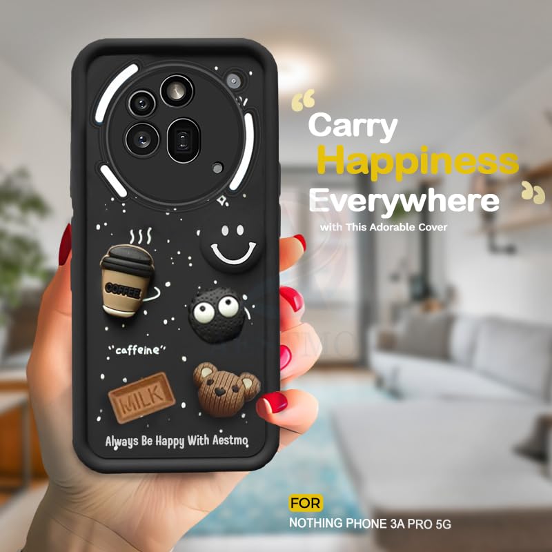 Image of AESTMO Back Case Cover for Nothing Phone 3A Pro 5G | Cute Fun Cartoon 3D Ball | Coffee Silicone Case | Full Body Protection | Camera Protection Back Cover for Nothing Phone 3A Pro 5G (Black)
