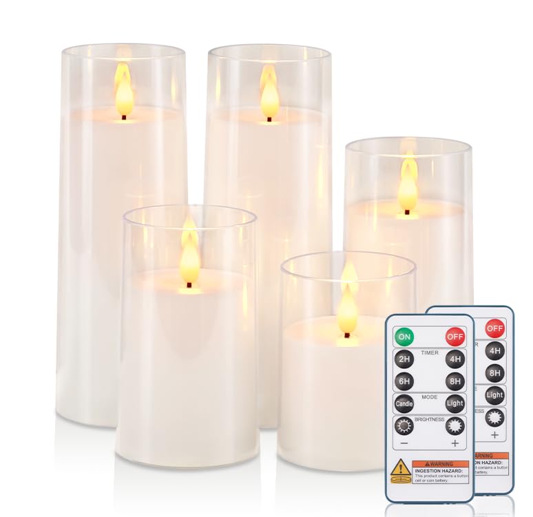 Image of Raycare Flameless Candles Battery Operated with Remote Timer, Acrylic Flickering LED Pillar Candle for Valentine's Day, Home Decor, Gift for Family and Friend, White, Set of 5 | LED Acrylic 3D Flickering Realistic Glow for Christmas Gift, Weddings, Mantels, Fall Home Decor, Halloween, Family, Set of 5