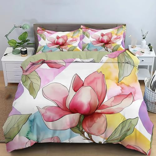 Housse de couette 220x240 cm magnolia aquarelle réversible en microfibre