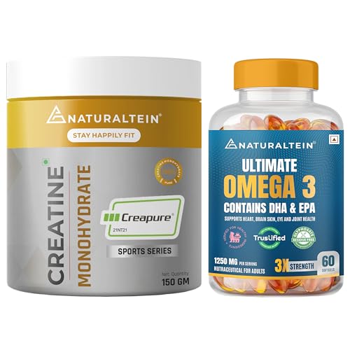 Image of Naturaltein Creatine Monohydrate (Creapure) 150g + Naturaltein Omega-3 Fish Oil 1250mg Triple Strength (60 Softgels) | Muscle Strength, Performance, Recovery & Heart Health Support