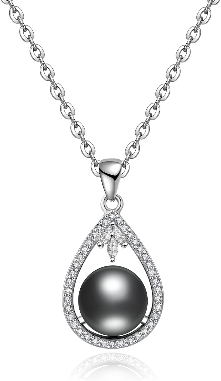 NONNYL Real Tahitian Black Pearl Pendant Necklaces for Women & 9-10mm Round 18K Gold Plated 925 Sterling Silver - Fine Jewelry Gifts for Women Wife Mom Daughter