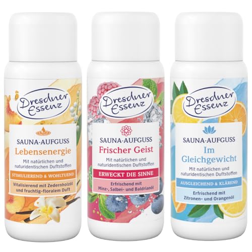 Dresdner Essenz Sauna-Aufguss 3er-Set – Lebensenergie, Frischer Geist & Im Gleichgewicht – Natürlich duftende Vielfalt für Ihre Saunaroutine – je 250 ml