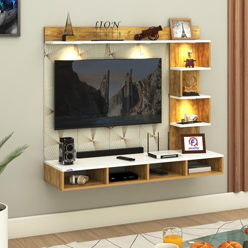 Image of Anikaa Laura Engineered Wood Wall-Mount TV Unit with PVC Back Panel & LED Lights | TV Cabinet with Storage Box & Decorative Shelves (Giantwood /White) Ideal for TVs up to 43 Inch | DIY Installation