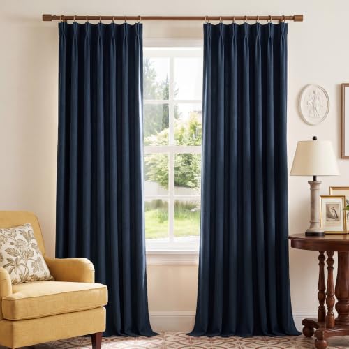 NICETOWN Navy Blue Pinch Pleat Linen Curtains 96 inch Long, 2 Panels